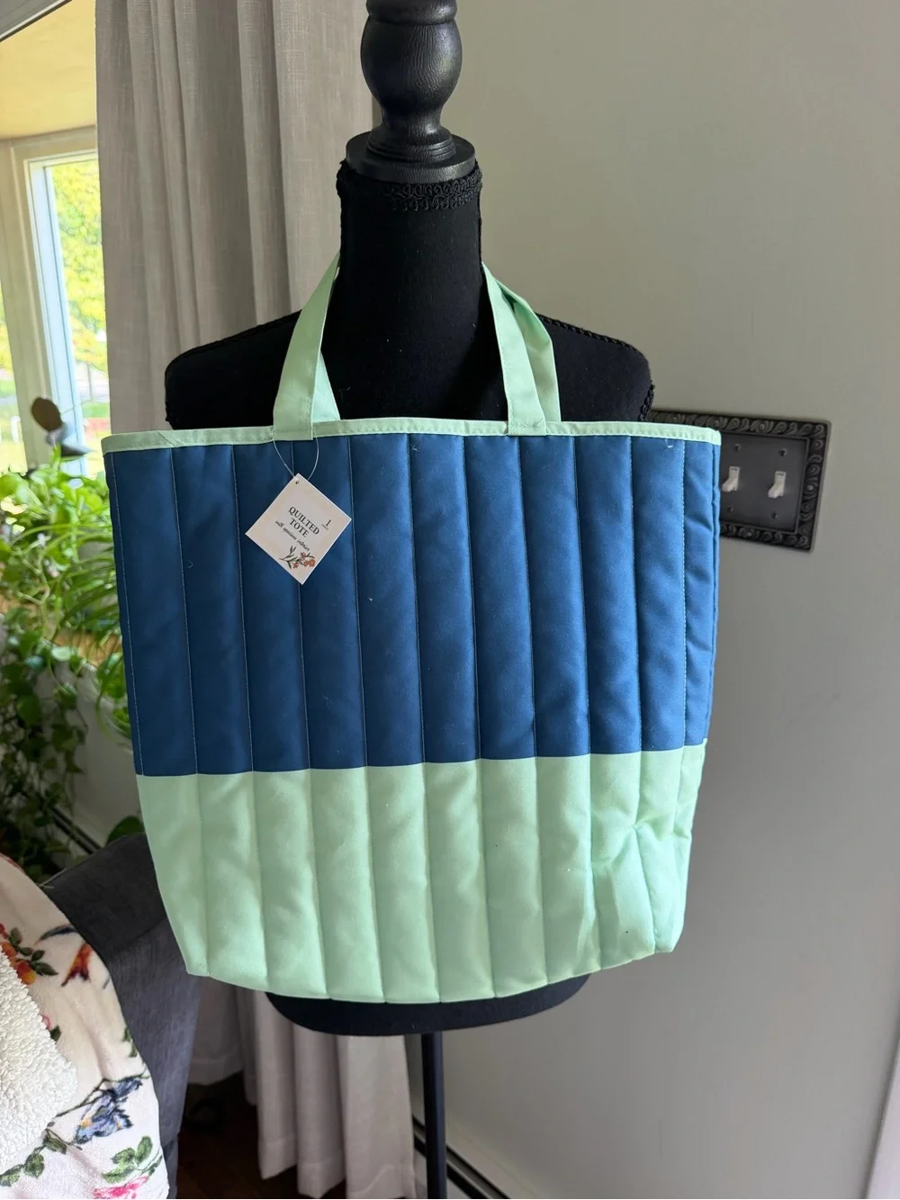 Quilted Two-Tone Navy and Mint Tote Bag - Unbranded